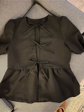 Black Tie-Front Peplum Top